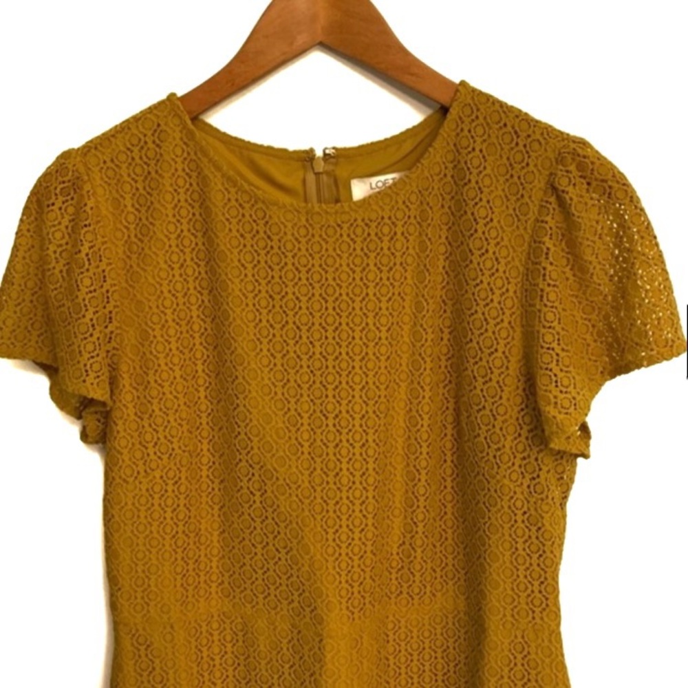 LOFT WOMENS MUSTARD YELLOW CROCHET CAP SLEEVE FORMAL / CASUAL SHIFT DRESS - Picture 3 of 10